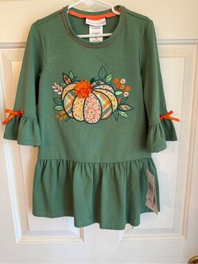 Bonnie Jean Green Dress with Pumpkin Appliqué and Orange Accents